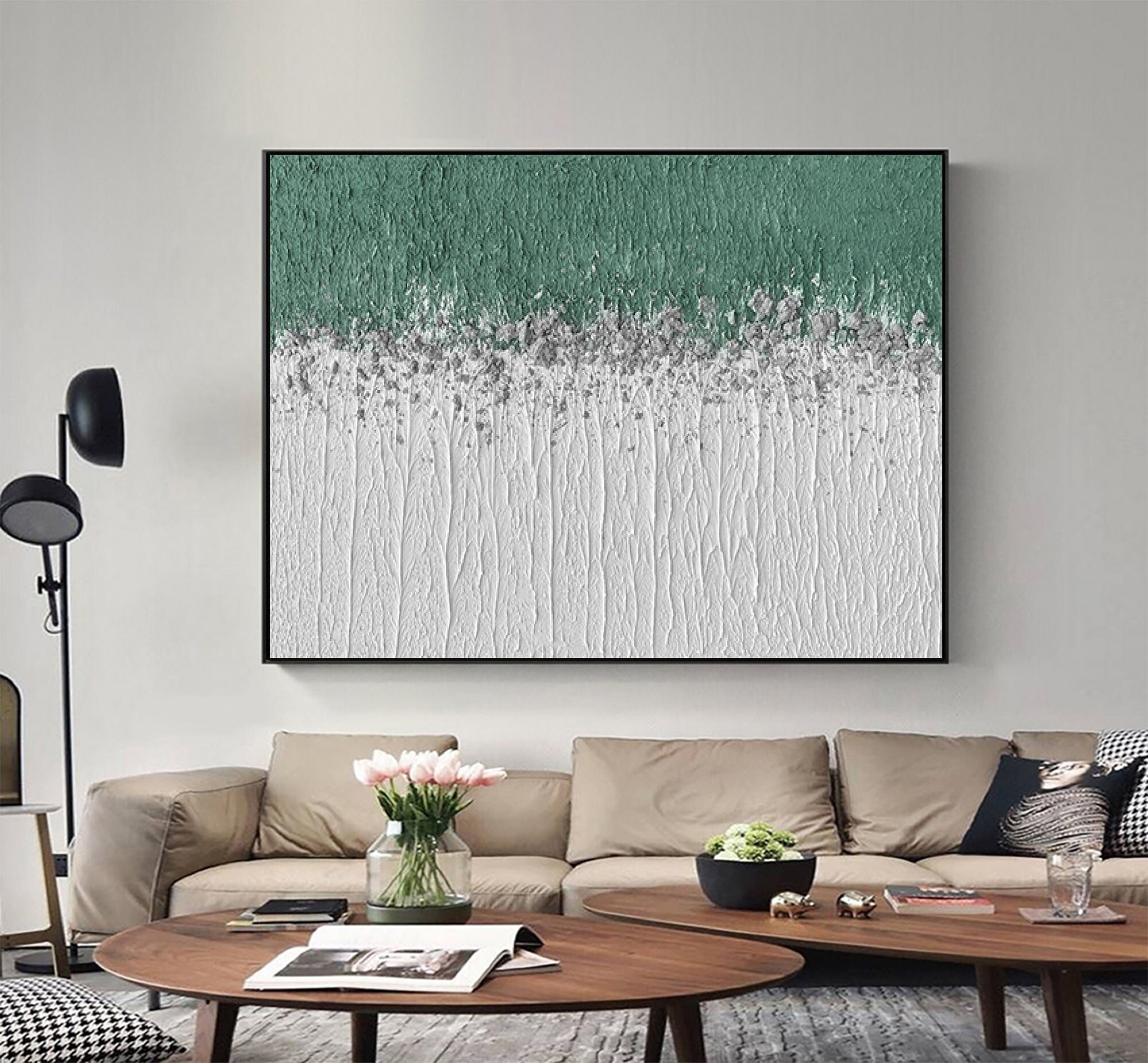 Green and White Minimalist Painting - Textured Canvas Art for Modern Spaces