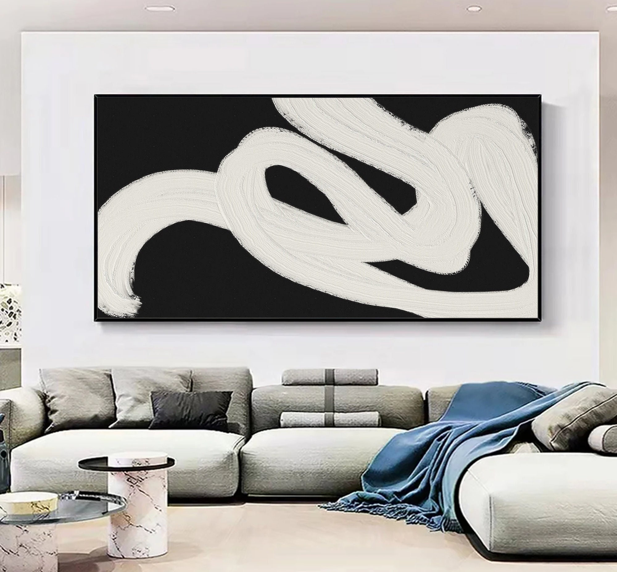 Minimalist Black & White Abstract Painting ｜ Textured Canvas Wall Art for Bedroom