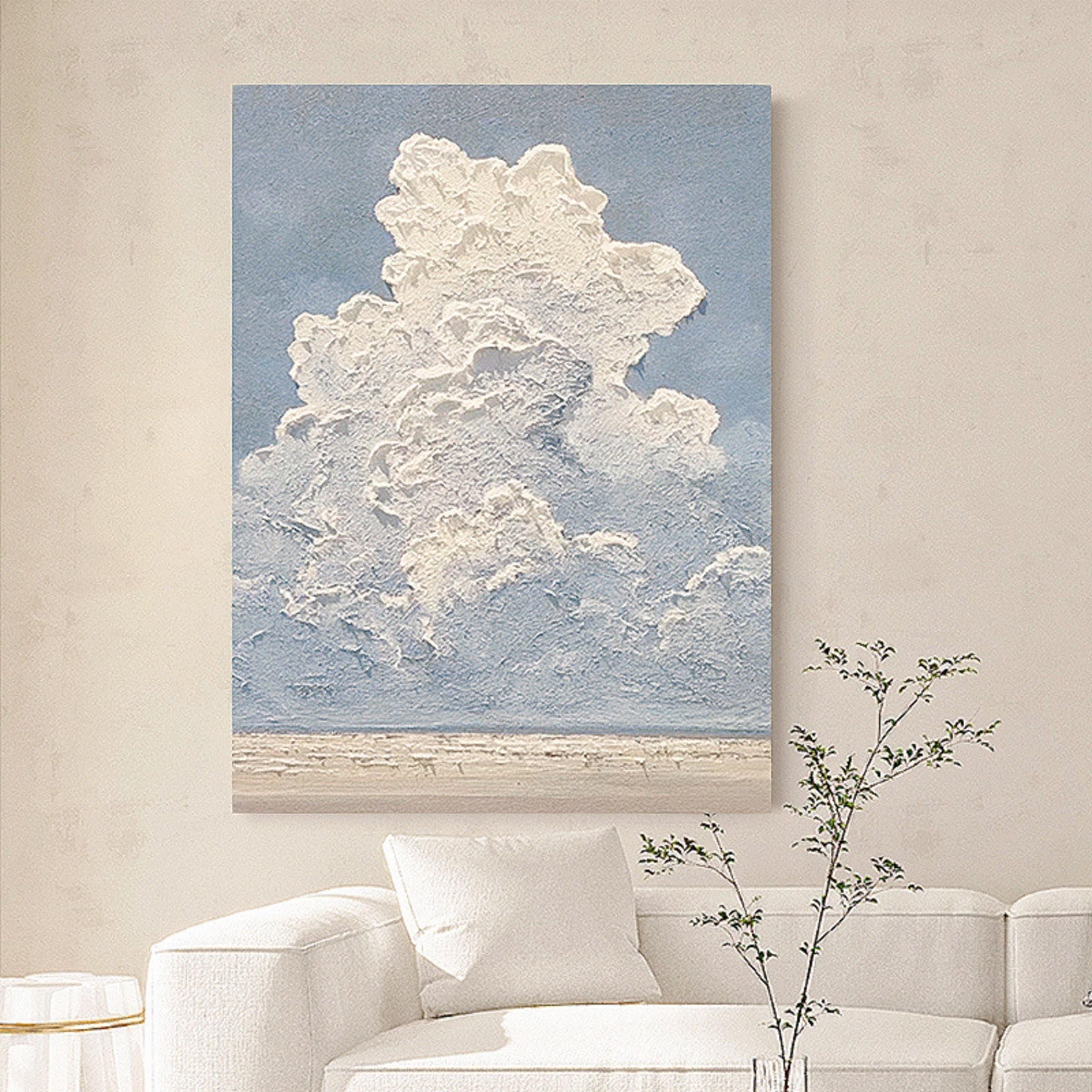 Abstract Cloud Wall art,Framed Canvas Art Print,Minimalist Art Large White Wall Art Abstract Horizontal Wall Art Painting