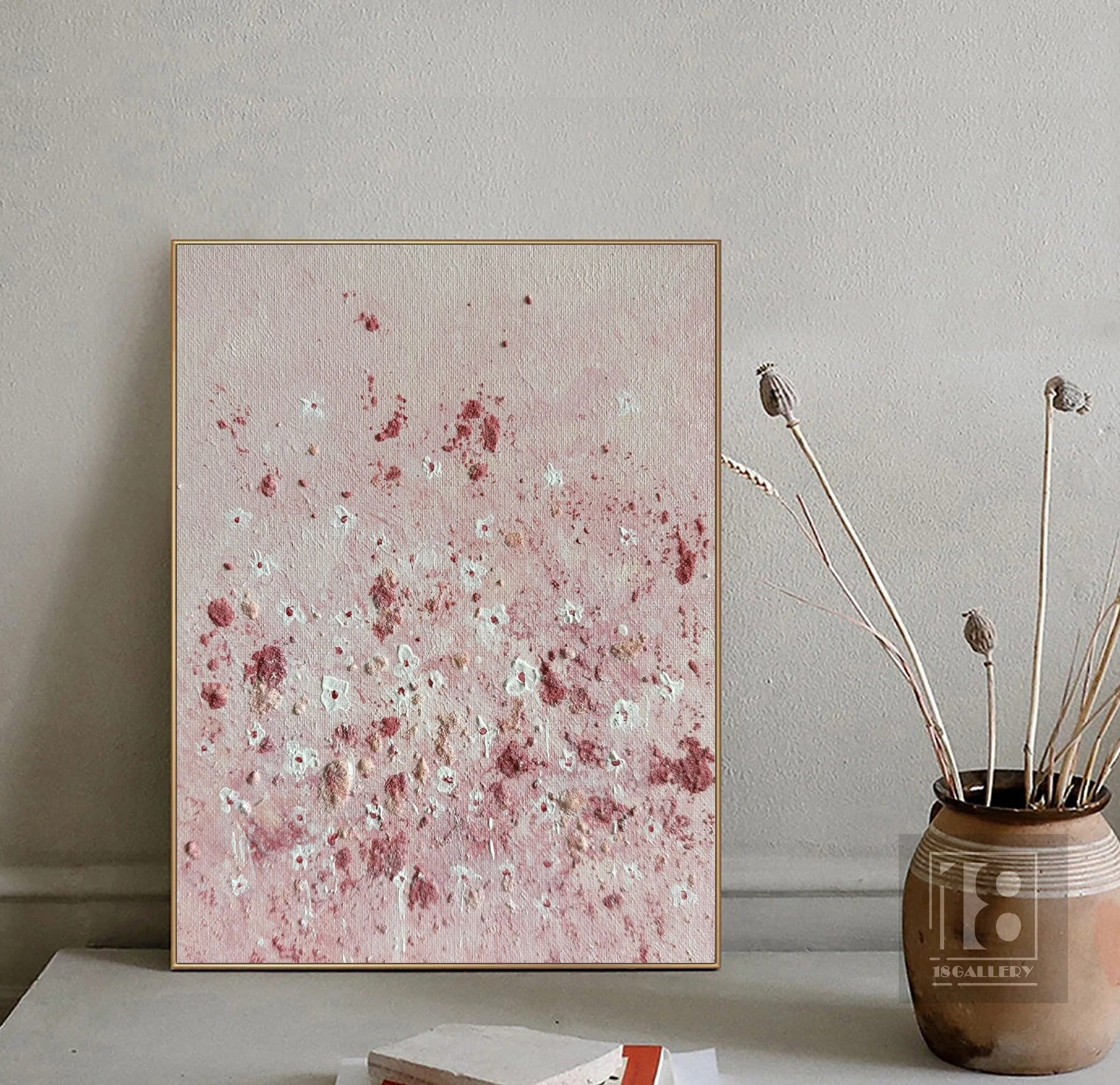 Pink Abstract Painting ｜ White Abstract Flower Art ｜ Textured Wall Art ｜ Canvas Artwork
