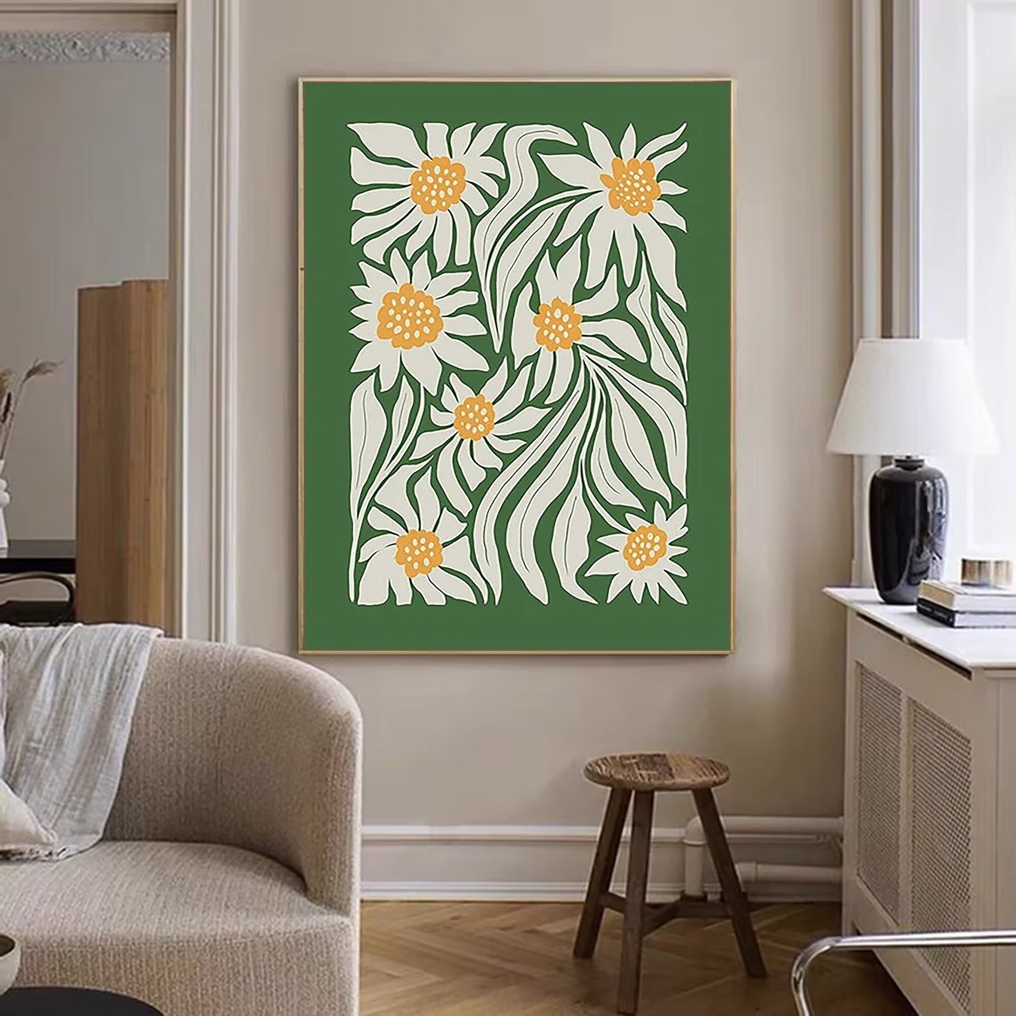 Abstract Flower Oil Painting ｜ Wabi Sabi Wall Art ｜ Green & White Plant Landscape Canvas