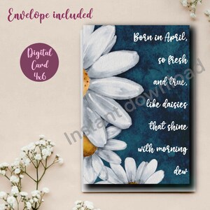 Digitale verjaardagskaart | Afdrukbaar | Kaart voor haar | Direct downloaden | Originele aquarel | Blanco kaart | Madeliefjes | April | Geboortebloem