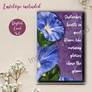 Tarjeta de cumpleaños digital / Imprimible / Tarjeta para ella / Descarga instantánea / Acuarela original / Gloria de la mañana / Septiembre / Flor de nacimiento