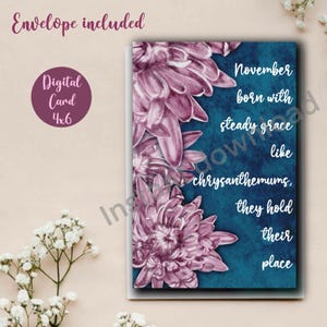 Tarjeta de cumpleaños digital / Imprimible / Tarjeta para ella / Descarga instantánea / Acuarela original / Crisantemo / Noviembre / Flor de nacimiento