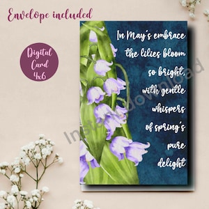 Tarjeta de cumpleaños digital / Imprimible / Tarjeta para ella / Descarga instantánea / Acuarela original / Lirios del valle / Mayo / Flor de nacimiento