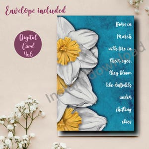 Tarjeta de cumpleaños digital / Imprimible / Tarjeta para ella / Descarga instantánea / Acuarela original / Tarjeta en blanco / Narcisos / Marzo / Flor de nacimiento