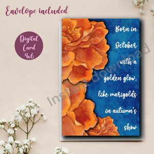 Tarjeta de cumpleaños digital / Imprimible / Tarjeta para ella / Descarga instantánea / Acuarela original / Tarjeta en blanco / Caléndula / Octubre / Flor de nacimiento
