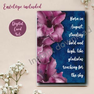 Tarjeta de cumpleaños digital / Imprimible / Tarjeta para ella / Descarga instantánea / Acuarela original / Tarjeta en blanco / Gladiolo / Agosto / Flor de nacimiento