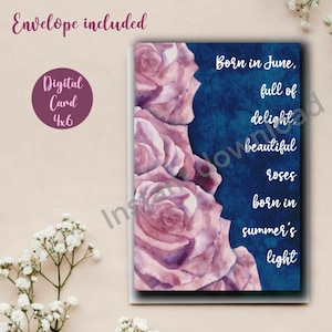 Cartão de Aniversário Digital | Para Imprimir | Cartão para Ela | Download Instantâneo | Aquarela Original | Cartão em Branco | Rosa | Junho | Flor de Nascimento