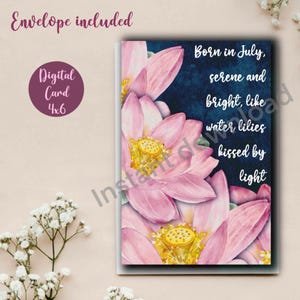 Digitale verjaardagskaart | Afdrukbaar | Kaart voor haar | Direct downloaden | Originele aquarel | Blanco kaart | Waterlelie | Juli | Geboortebloem