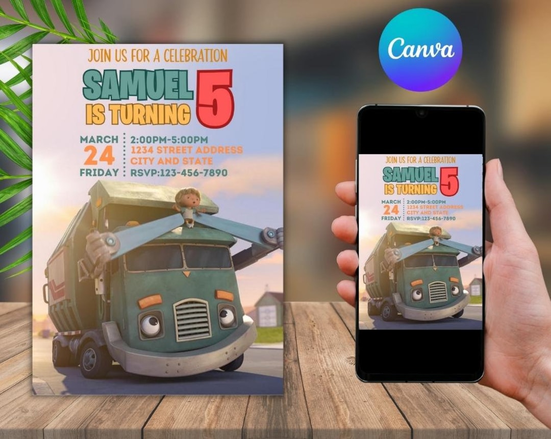 Editable-printable Template Garbage Truck Birthday Invitation, Garbage ...