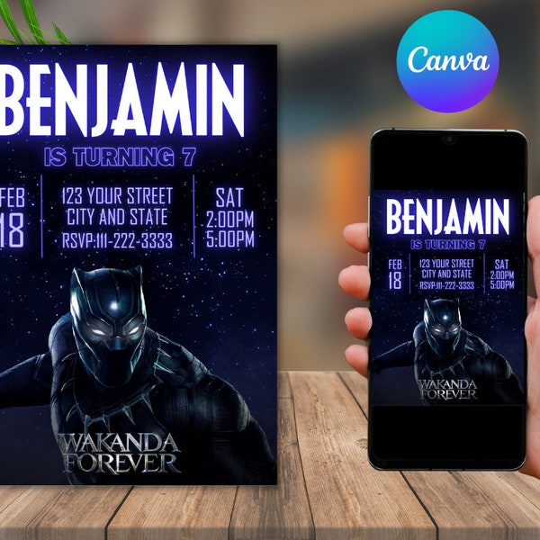 Black Panther Birthday Invitation Template, Birthday Party Invitations, Digital Kids Party Invite, Boys & Girls Bday Card