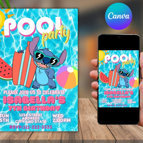 Stitch Birthday Invitation | Stitch Pool Party Party Invitation | Digital Editable Printable Invite | Instant Download
