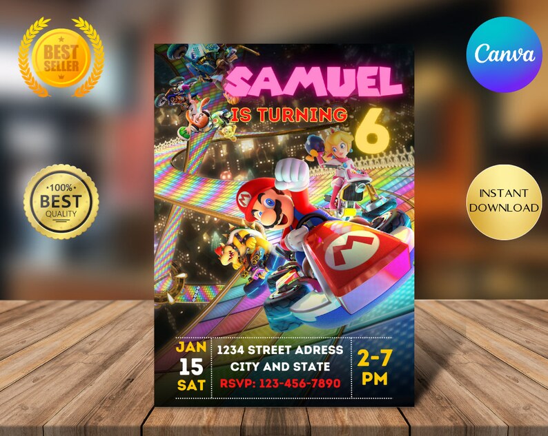 Mario Kart Birthday Invitation Super Mario Invite Instant Etsy