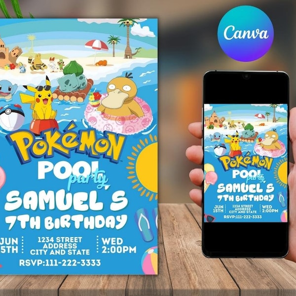 Pokemon Pool Party verjaardagsuitnodiging | Pikachu Pool Party uitnodiging | Uitnodiging voor het feest van Pikachu zomer | verjaardagsuitnodiging | Zwemfeest