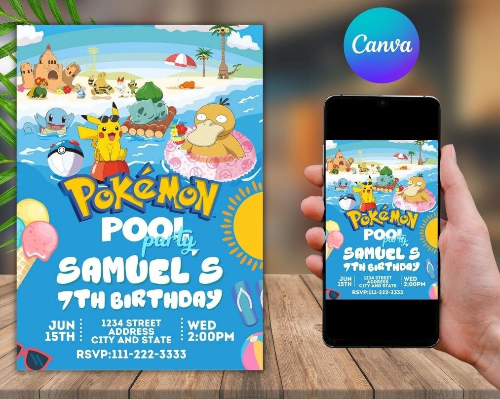 Pokemon Pool Party Birthday Invitation Pikachu Pool Party Invitation ...