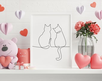 Cat couple Line Art Prints, Cat arts ,Art Prints, cat art Wall Art, Unique Gift, Instant download, Cat art print