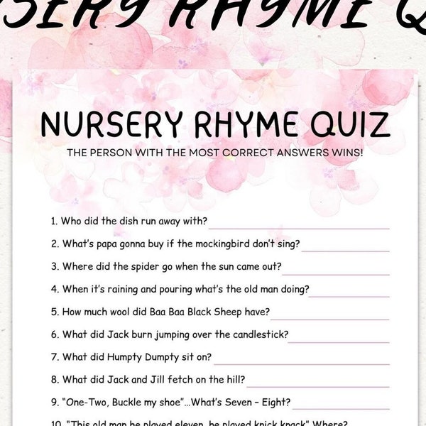 Nursery Rhyme Game Baby Shower, Nursery Rhyme Quiz Printable, Guess that Nursery Rhyme Baby Games, Instant Download Baby Shower Game