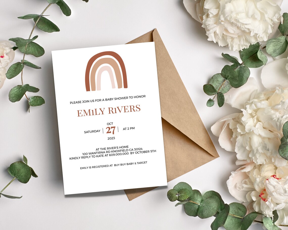 Rainbow Baby Shower Invitation Template, Editable Boho Baby Shower ...