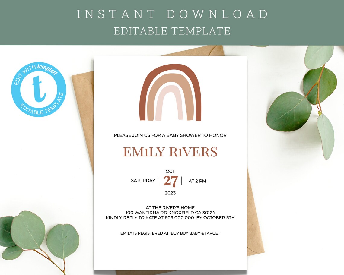 Rainbow Baby Shower Invitation Template, Editable Boho Baby Shower ...