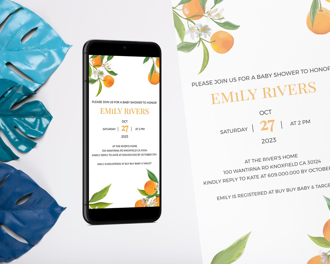 A Little Cutie Baby Shower Evite Template Orange Baby Shower Etsy