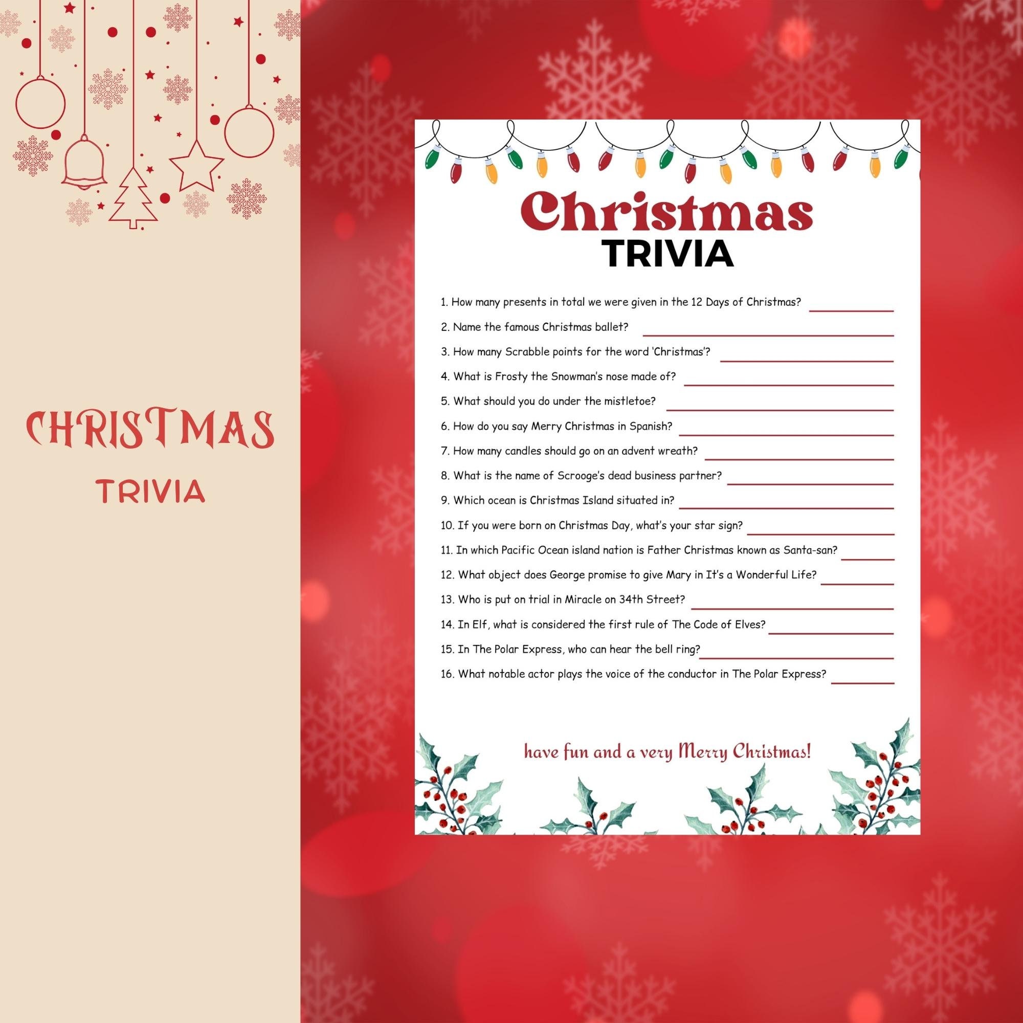 Christmas Trivia Party Game, Holiday Party Game, Printable Trivia