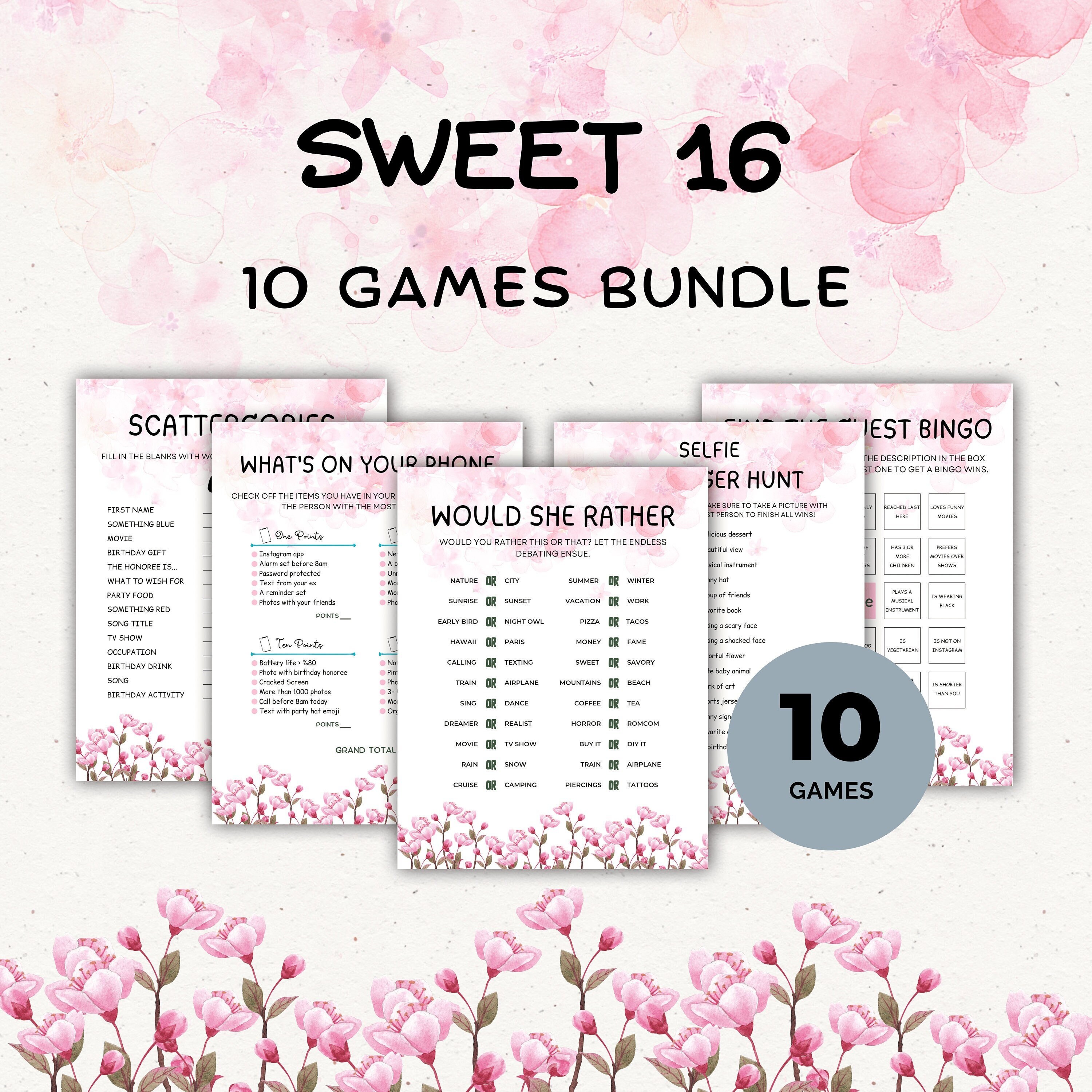 Sweet 16 Games Bundle, Sweet 16 Birthday Party Games Girl, Teen Girl