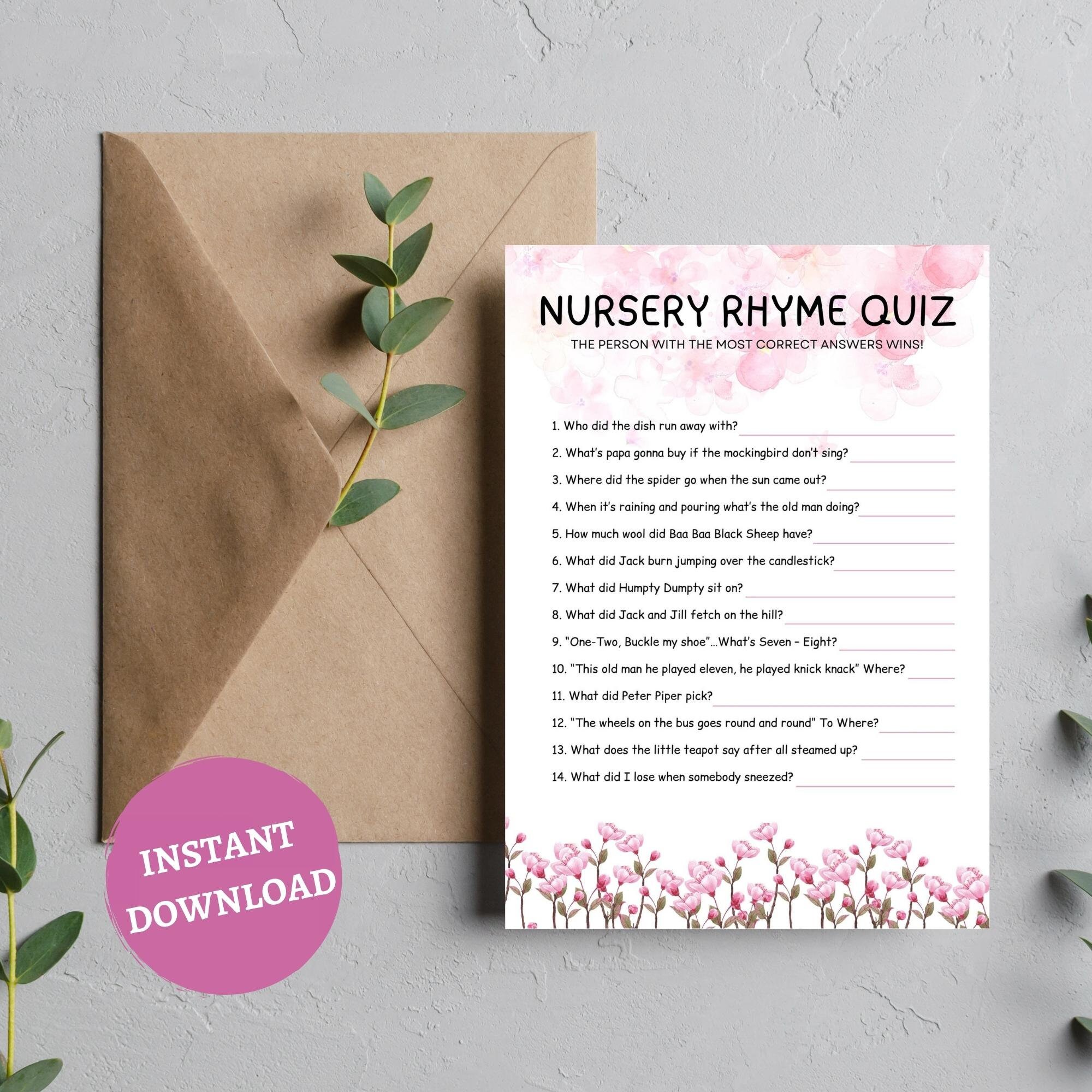 Nursery Rhyme Game Baby Shower, Nursery Rhyme Quiz Printable, Guess ...