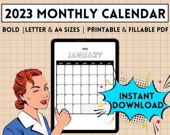 2023 Calendar Printable, Bold, Digital Monthly Planner, Minimalist Calendar 2023, Printable and Fillable, | Letter & A4 size, Sunday Start