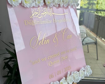 Acrylic Welcome Sign | Reception Sign | Reception Board with Flowers for Dügün, Kina, Nisan, Söz