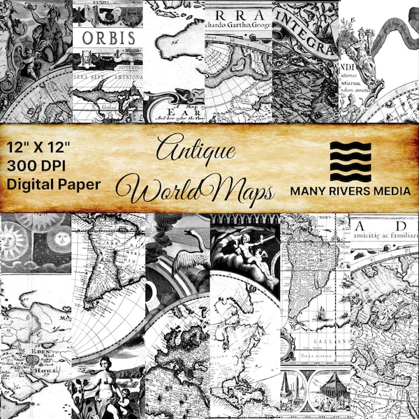 Antique Maps, Vintage Old Maps, Digital Paper, World Map, Map Background, Scrapbook Paper, Black & White, INSTANT DOWNLOAD,