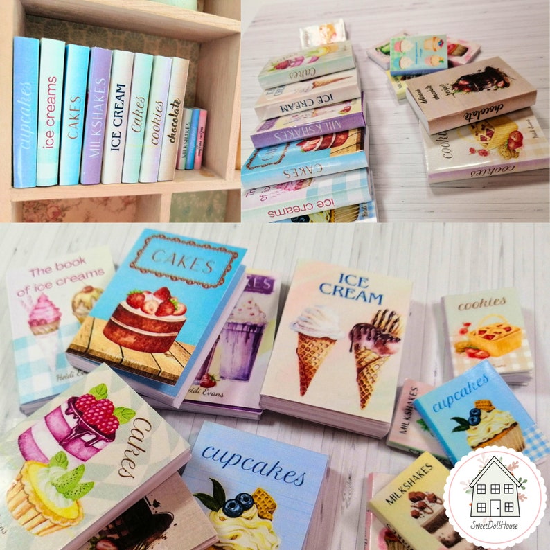 May include: A collection of miniature books with colorful covers featuring various desserts, including cakes, cupcakes, ice cream, milkshakes, and cookies. The books are arranged on a shelf and a table, creating a charming and whimsical display.