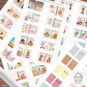 May include: A set of printable miniature book covers for a dollhouse bakery. The covers feature watercolor illustrations of various desserts and drinks, including cookies, cakes, macarons, pancakes, milkshakes, tea, coffee, and infusions. The covers are labeled with the names of the recipes, such as "Cookies", "Macaroon Dessert", and "Tea Time".