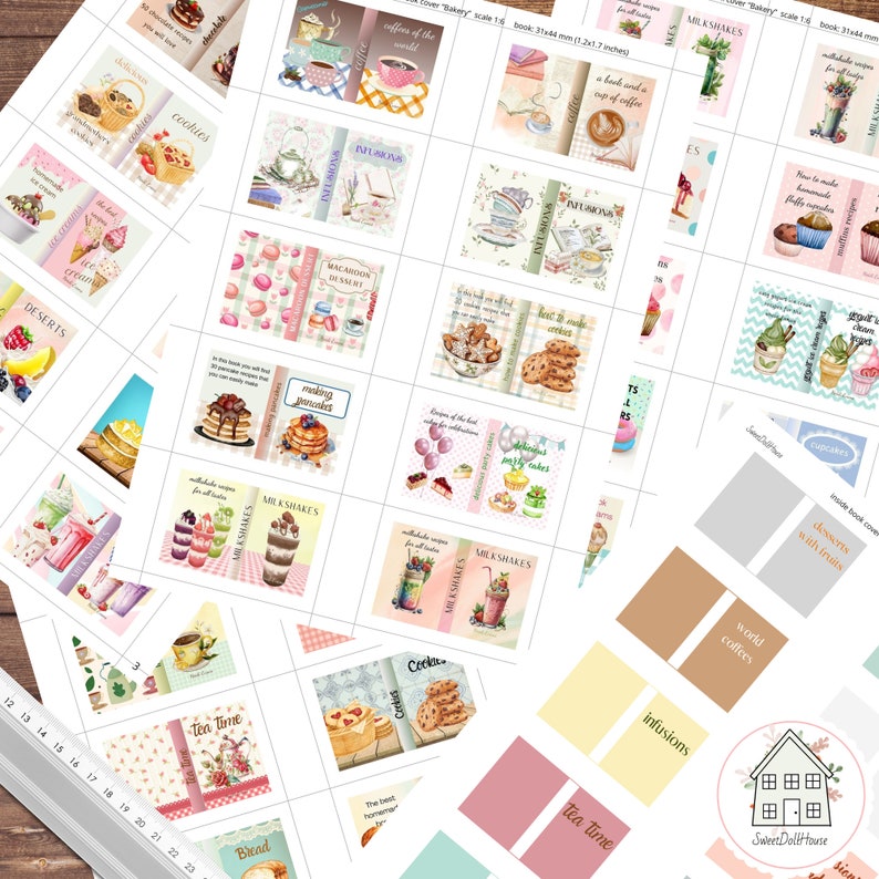 May include: A set of printable miniature book covers for a dollhouse bakery. The covers feature watercolor illustrations of various desserts and drinks, including cookies, cakes, macarons, pancakes, milkshakes, tea, coffee, and infusions. The covers are labeled with the names of the recipes, such as "Cookies", "Macaroon Dessert", and "Tea Time".