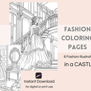Fashion Coloring Pages in Castle, Coloring Book for Adults, Princess Evening Dresses Fashion Illustration, Coloring Pages Procreate, Painting for Kids