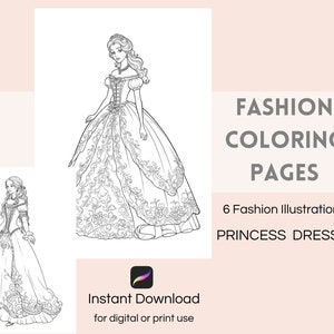 Fashion Coloring Pages, Princess Dresses, Coloring Book for Adults, Fashion Illustration, Coloring Pages Procreate, Coloring Book for Kids Girls