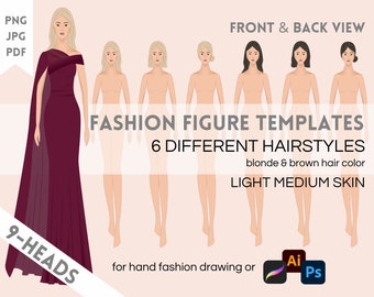 12 Female Fashion Figure Templates, Light Medium Skin Tone, Full Body 9 Head Fashion Croquis, Blonde & Brown Hair - PNG for Procreate, PDF, JPG