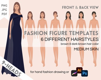 12 Female Fashion Figure Templates, Medium Skin Tone, Full Body 9 Head Fashion Croquis, Brown & Dark Brown Hair - PNG for Procreate, PDF, JPG