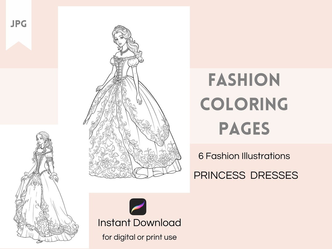 Fashion Coloring Pages, Princess Dresses, Coloring Book for Adults, Fashion Illustration ...