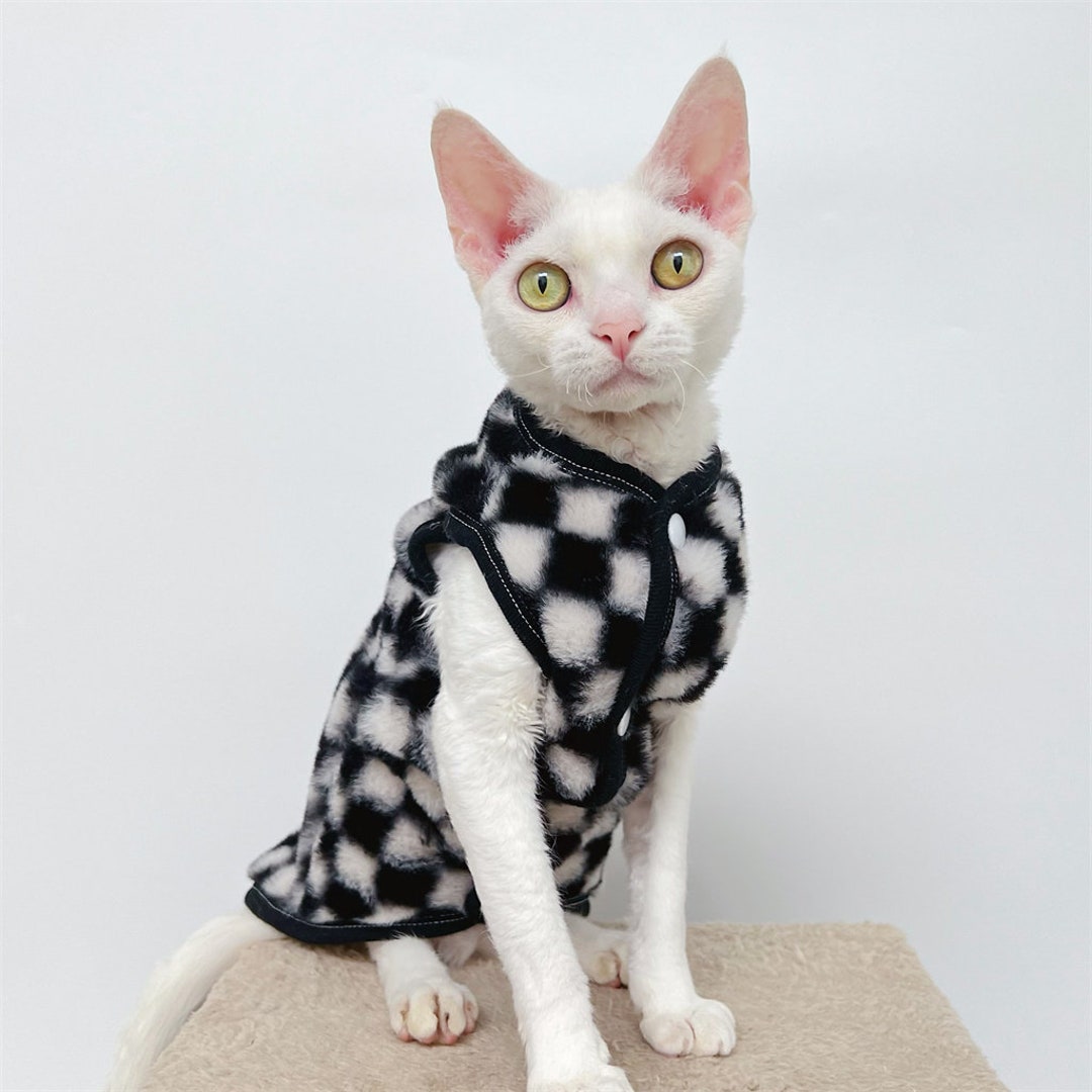 Checker Fleece Sphynx Cat Clothes Sphynx Faux Fur Cardigan Hairless Cat Clothes Sphynx Clothes