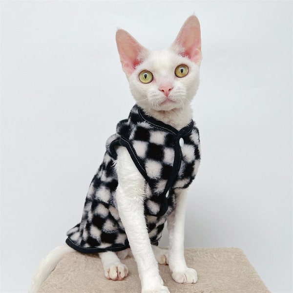 Checker Fleece Sphynx Cat Clothes Sphynx Faux Fur Cardigan Hairless Cat Clothes Sphynx Clothes Sphinx Clothes Cozy Devon Rex Cat Gifts