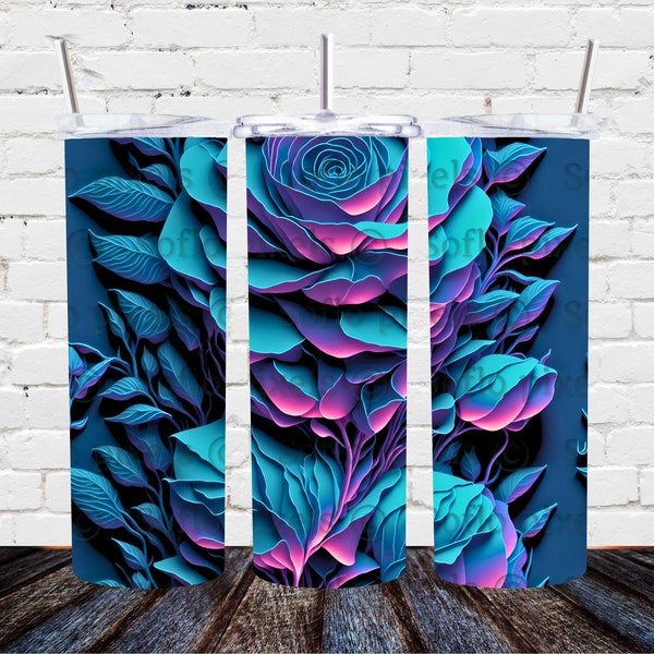 3D Blue Illumination Roses, 20 oz Skinny Tumbler Sublimation Design, Instant Digital Download PNG