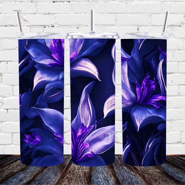 3D Glow in the Dark Purple Lily Flowers, 20 oz Skinny Tumbler Sublimation Design, Instant Digital Download PNG