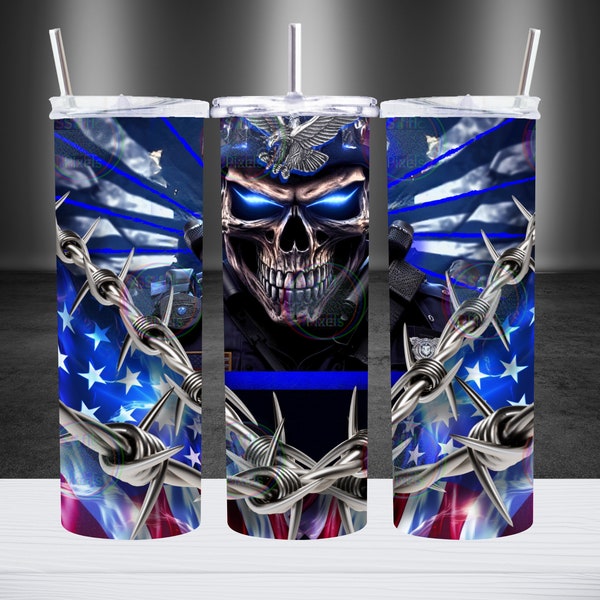 20 oz Tumbler Sublimation Design, Thin Blue Line Police Officer Skull, Instant Digital Download PNG