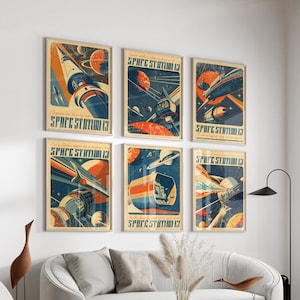 SS13 - Set of 6 retro futuristic sci-fi space digital print, retro sci-fi space Print Download, Wall Poster, Bundle Set of 6 Prints, Digital