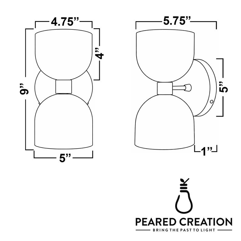 May include: A pair of wall sconces with a two-tiered, rounded design. Each sconce is approximately 9 inches tall, 5 inches wide, and 4 inches deep. The design includes a circular mounting plate. The text "PEARED CREATION" is at the bottom.