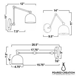 May include: Line drawings of three wall-mounted lamps with articulated arms and dome shades. Dimensions are provided in inches: 12", 11", 7.5", 14", 9.5", 20.5", 17.75", 7.5", 4", 4.75", 15.75", 5", and 7/8". The brand name "PEARED CREATION" is at the bottom.