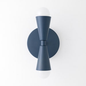 May include: A blue wall sconce with two light bulbs. The sconce has a round base and two cone-shaped shades.