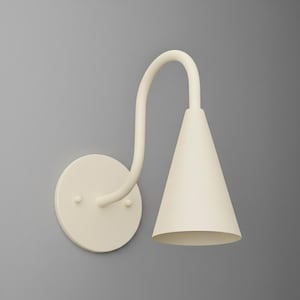 May include: Cream-colored wall sconce with a curved arm and a conical shade. The sconce has a circular base with two small screw heads. The design is minimalist and modern, suitable for interior lighting.