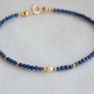 Dainty natural tiny round sodalite beaded gemstone pearl bracelet- Delicate simple semi-precious birthstone layering gold jewelry